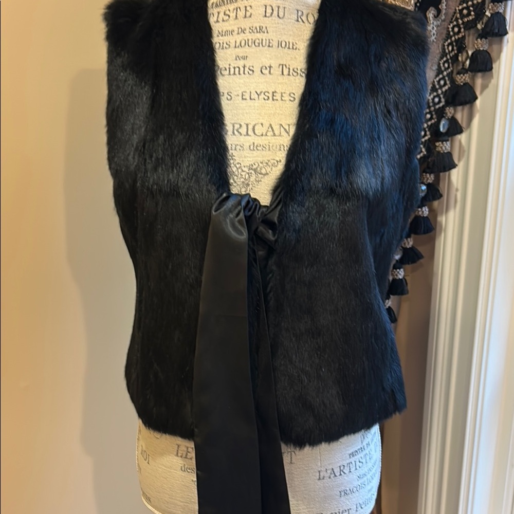 Black Faux Fur Vest with Satin Tie